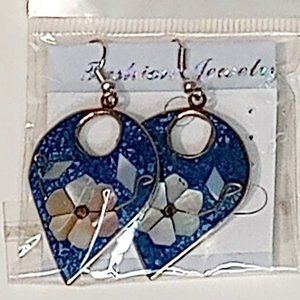 Art Glass Painted‎ flower Dangly Blue Earrings